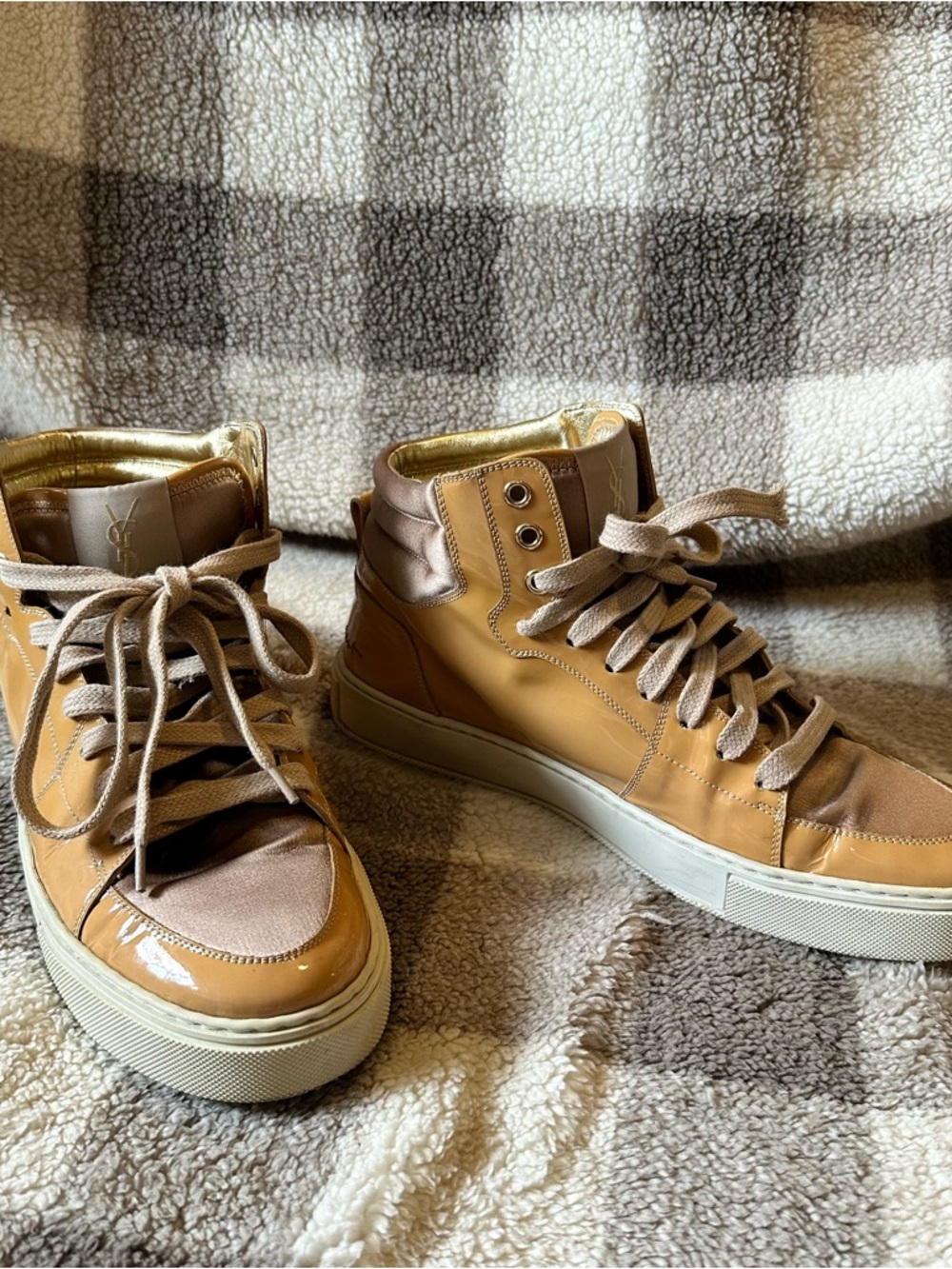 YSL Tan High-Top Sneakers with Gloss Accents
